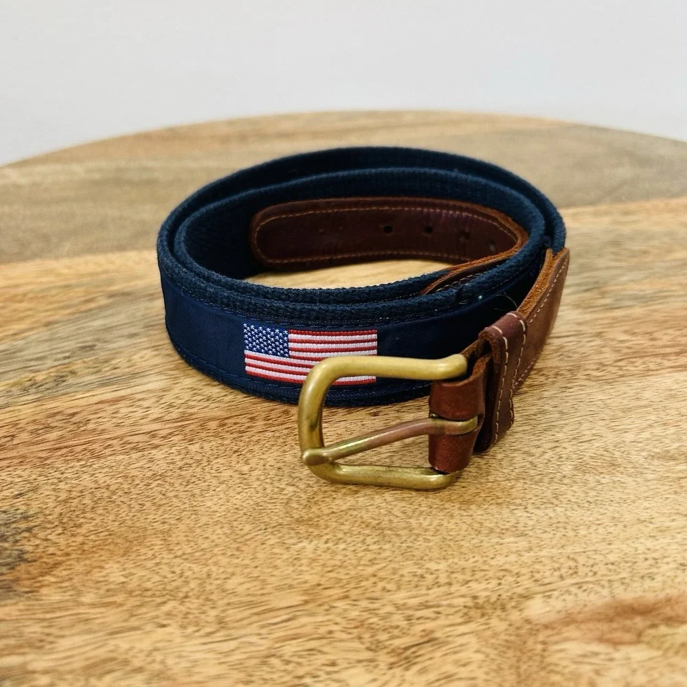 Preston Navy Canvas and Leather Belt With American Flag Size 34 USA Patriotic